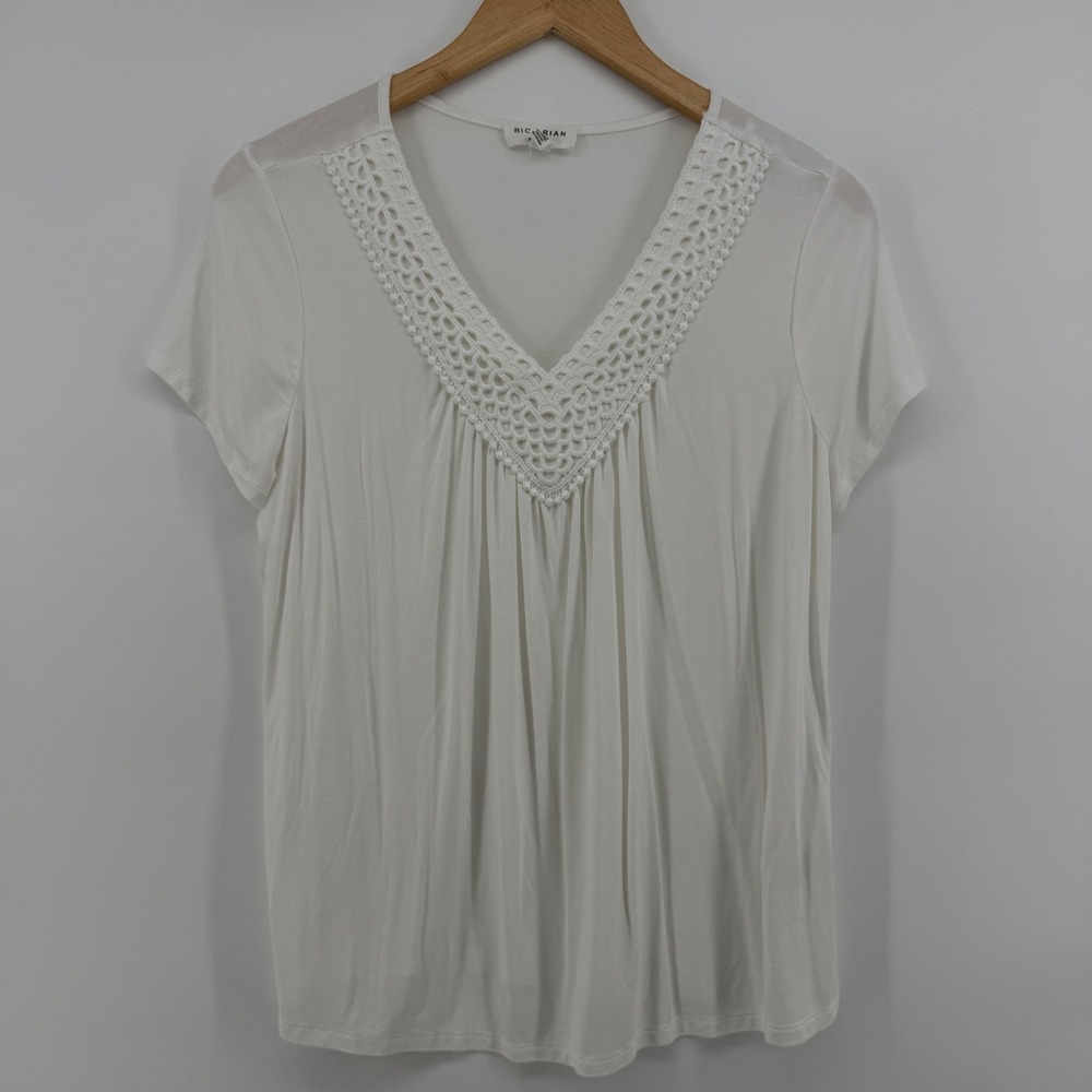 Rio & Rian New York Womens White Crochet Lace V-Neck Pleated Top Medium